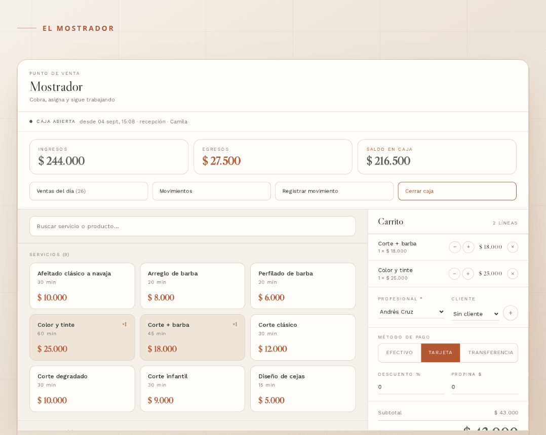 El mostrador de Silloni en pantalla: la caja del día con ingresos, egresos y saldo, y una venta en curso con su profesional, su forma de pago y el total.