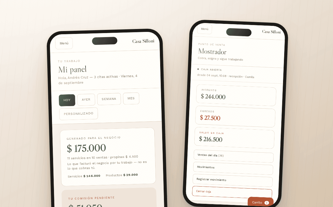 Silloni en dos teléfonos: el panel de un profesional, con lo que generó para el negocio y su comisión pendiente, y el mostrador con la caja del día.
